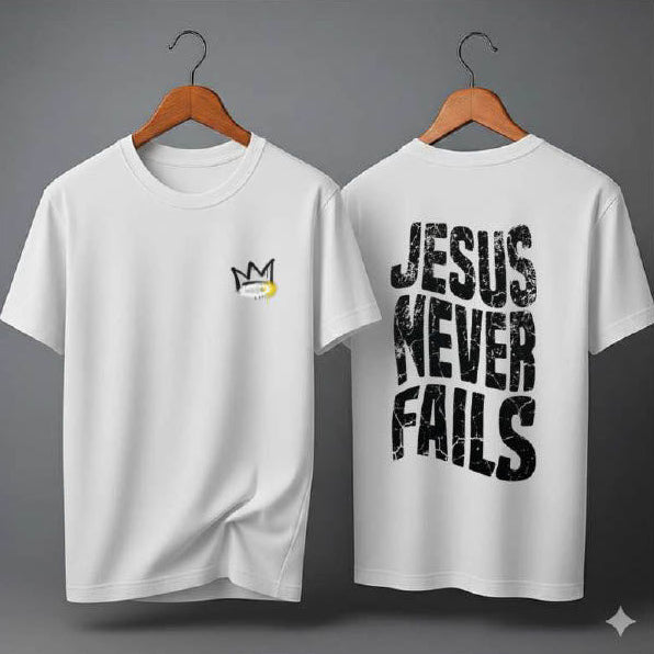 Camiseta Oversized – “Jesus Never Fails” (4 Cores Disponíveis)