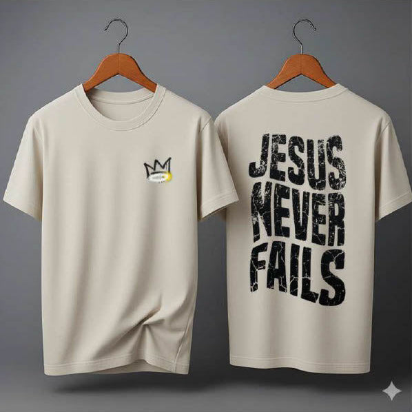 Camiseta Oversized – “Jesus Never Fails” (4 Cores Disponíveis)